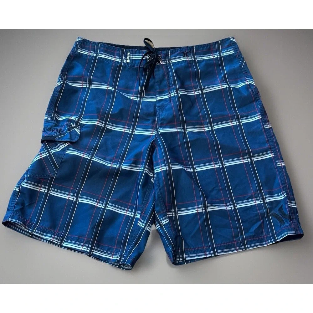 Hurley Board Shorts Men's Size 33 Blue Plaid Retro Surf‎ Vaca